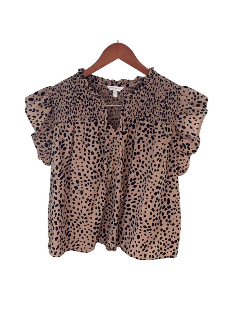 Crown & Ivy Cotton Animal Print Top Sz MED Smocked Tan Black Spots